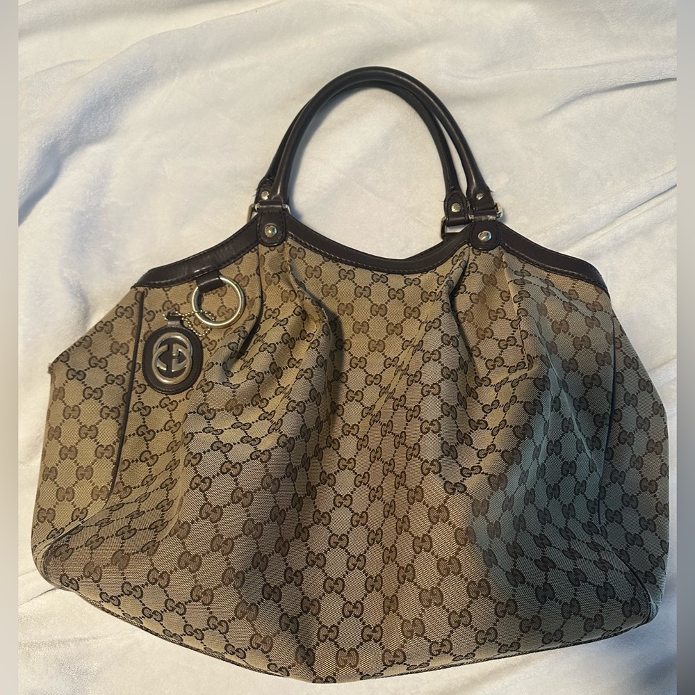 Gucci Beige and Dark Brown Monogram Shoulder Bag